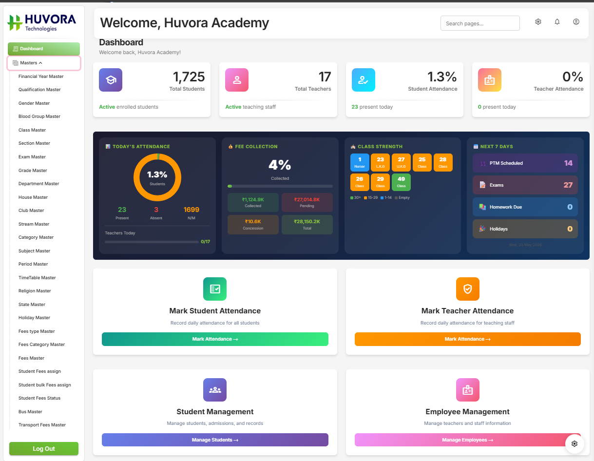 Huvora School ERP Dashboard